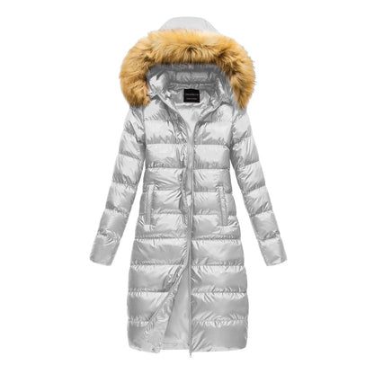 LVSANW Winter Faux Fur Collar Detachable Hood Quilted Jacket Zipper Down Solid Color Padded Coat Women Plus Size Simple Slim Outerwear