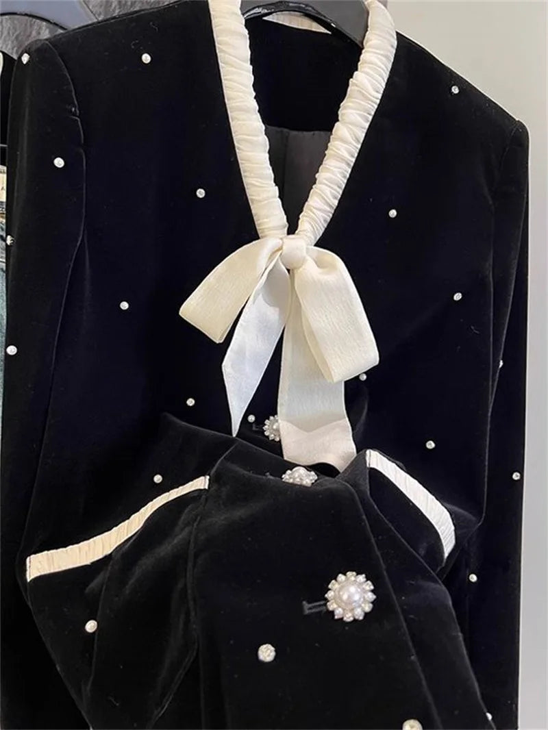 LVSANW Winter Heavy Industry Diamond studded Nail Bead Splicing Bow Collar French Velvet Coat, for Women, Spring Autumn Short Jackets