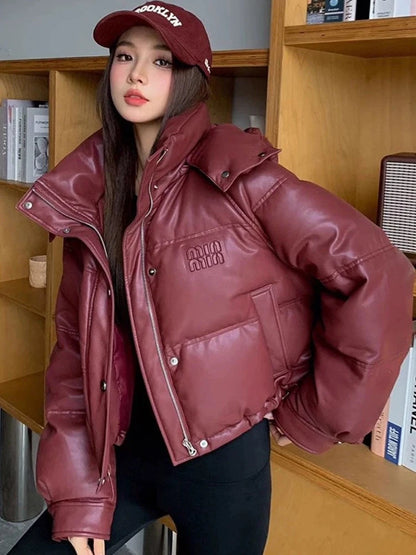 LVSANW Winter Hooded Down Jacket Coat Women Manteaux Hiver Femme 2025 New Thick Warm PU Leather Parkas Loose Fashion Outerwear