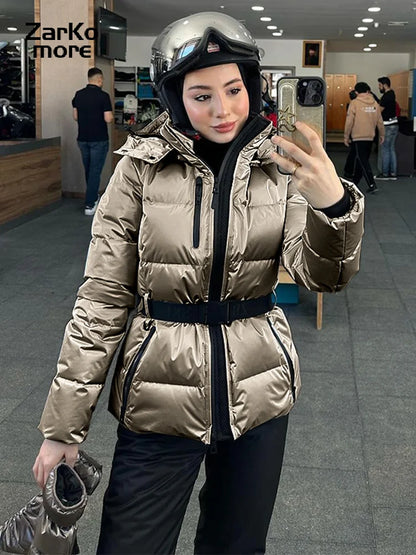 LVSANW Winter Hooded Down Jackets Women With Belt Warm Thick Long Sleeve Stand Collar Parkas Padded Coats 2025 Lady Sports Ski Outdoor