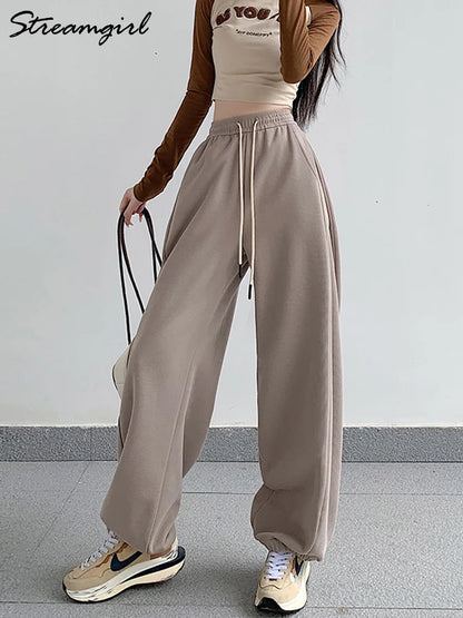 LVSANW Winter Khaki Baggy Sweatpants For Women Oversized High Waisted Loose Beige Sports Pants Khaki Wide Leg Trausers For Women 2023