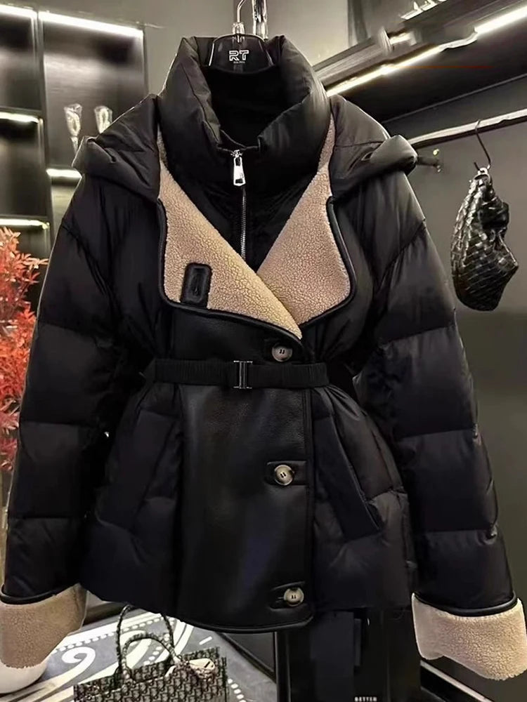 LVSANW Winter Patchwork PU Leather Loose Parkas Female Hooded with Belt Down Jackets White Duck Down Casual Coat Female Puffer Jacket