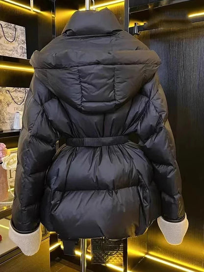 LVSANW Winter Patchwork PU Leather Loose Parkas Female Hooded with Belt Down Jackets White Duck Down Casual Coat Female Puffer Jacket