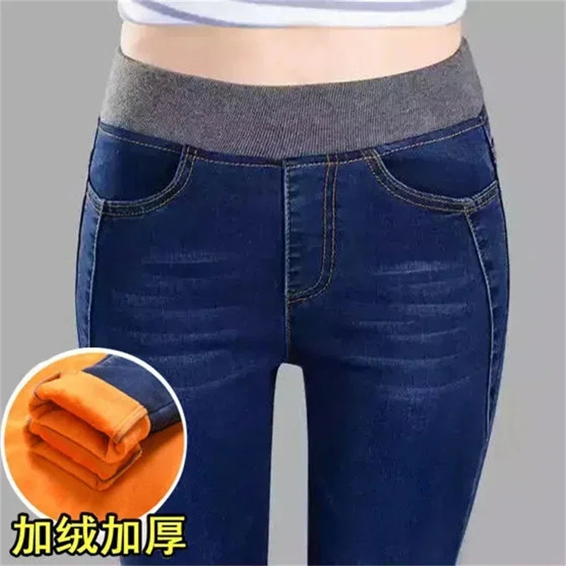 LVSANW Winter Plus Velvet Stretch Jeans Women Oversize 40 High Waist Skinny Vaqueros Thick Warm Denim Trousers Fashion Mom Pencil Pants