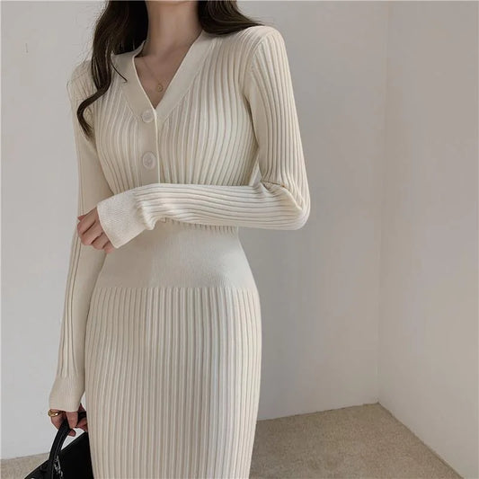 LVSANW Winter Slim Women Long Dress V Neck Sexy High Waist Knitted Long Sleeve Solid Color Outwear Sexy Women Dress Fashion