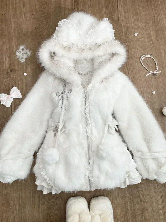 LVSANW Winter Sweet Plush Warm Hooded Sweet Coat New Japanese Fashion Princess White Cute Zipper Jacket Designer Slim Harajuku Clothing