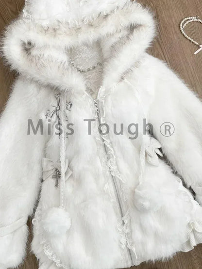 LVSANW Winter Sweet Plush Warm Hooded Sweet Coat New Japanese Fashion Princess White Cute Zipper Jacket Designer Slim Harajuku Clothing