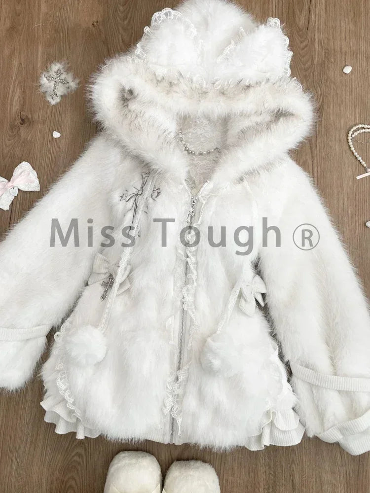 LVSANW Winter Sweet Plush Warm Hooded Sweet Coat New Japanese Fashion Princess White Cute Zipper Jacket Designer Slim Harajuku Clothing