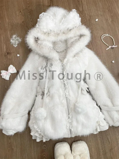 LVSANW Winter Sweet Plush Warm Hooded Sweet Coat New Japanese Fashion Princess White Cute Zipper Jacket Designer Slim Harajuku Clothing