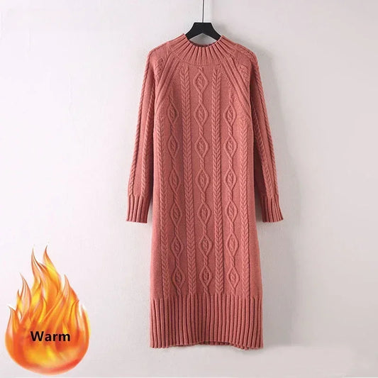 LVSANW Winter Thicken Plus Velvet Sweater Dress Women's Fall Mock Neck Rib Knit Bottoming Dresses Elegant Warm Vestido Midi With Coats