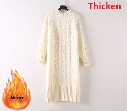 LVSANW Winter Thicken Plus Velvet Sweater Dress Women's Fall Mock Neck Rib Knit Bottoming Dresses Elegant Warm Vestido Midi With Coats