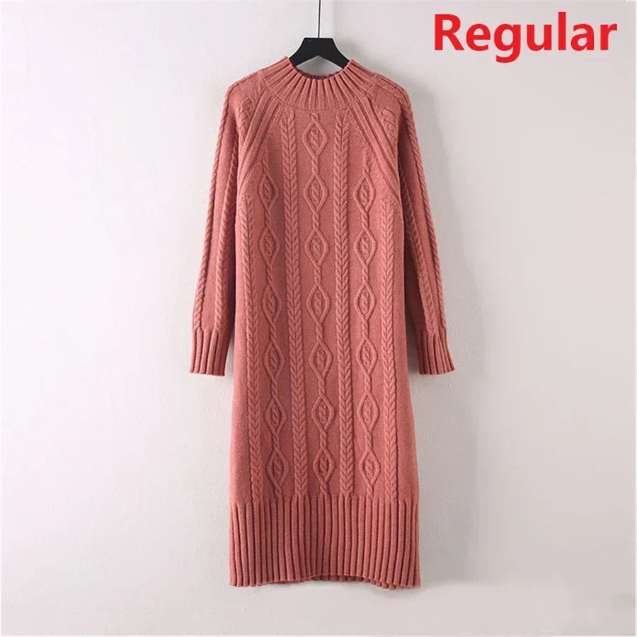 LVSANW Winter Thicken Plus Velvet Sweater Dress Women's Fall Mock Neck Rib Knit Bottoming Dresses Elegant Warm Vestido Midi With Coats