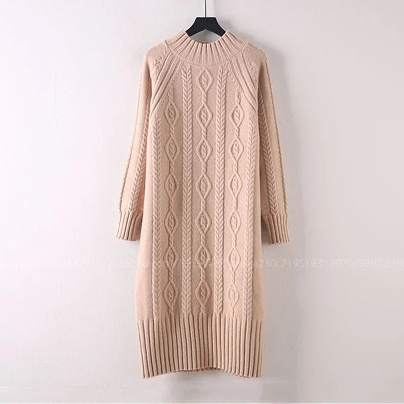 LVSANW Winter Thicken Plus Velvet Sweater Dress Women's Fall Mock Neck Rib Knit Bottoming Dresses Elegant Warm Vestido Midi With Coats