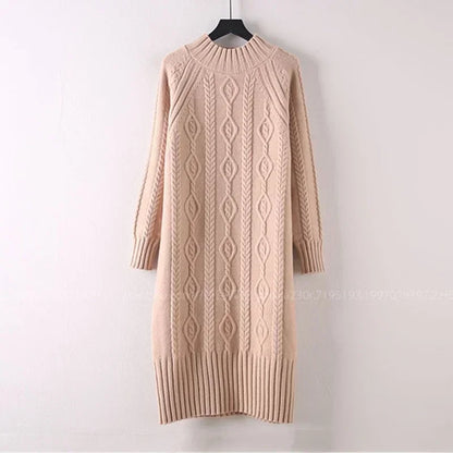 LVSANW Winter Thicken Plus Velvet Sweater Dress Women's Fall Mock Neck Rib Knit Bottoming Dresses Elegant Warm Vestido Midi With Coats