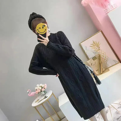 LVSANW Winter Thicken Plus Velvet Sweater Dress Women's Fall Mock Neck Rib Knit Bottoming Dresses Elegant Warm Vestido Midi With Coats