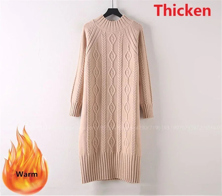 LVSANW Winter Thicken Plus Velvet Sweater Dress Women's Fall Mock Neck Rib Knit Bottoming Dresses Elegant Warm Vestido Midi With Coats