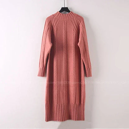 LVSANW Winter Thicken Plus Velvet Sweater Dress Women's Fall Mock Neck Rib Knit Bottoming Dresses Elegant Warm Vestido Midi With Coats