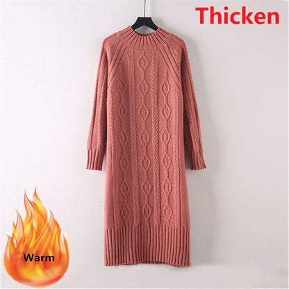 LVSANW Winter Thicken Plus Velvet Sweater Dress Women's Fall Mock Neck Rib Knit Bottoming Dresses Elegant Warm Vestido Midi With Coats