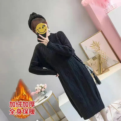 LVSANW Winter Thicken Plus Velvet Sweater Dress Women's Fall Mock Neck Rib Knit Bottoming Dresses Elegant Warm Vestido Midi With Coats