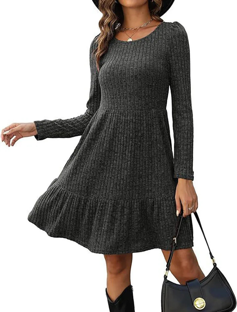 LVSANW Winter Trend Round Neck Long Sleeved A-Line Dress Women's Minimalist Mini Dresses Casual Robe Vestidos