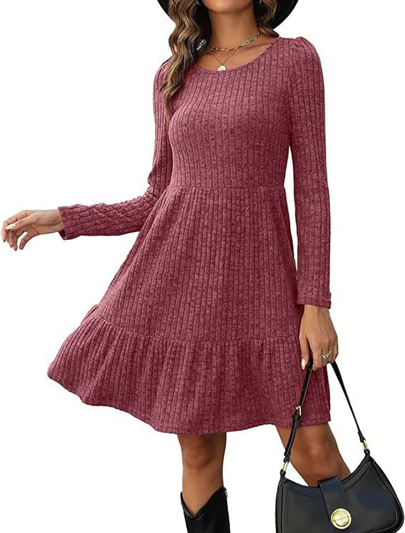 LVSANW Winter Trend Round Neck Long Sleeved A-Line Dress Women's Minimalist Mini Dresses Casual Robe Vestidos