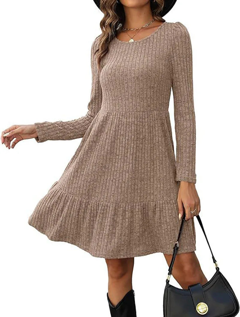 LVSANW Winter Trend Round Neck Long Sleeved A-Line Dress Women's Minimalist Mini Dresses Casual Robe Vestidos