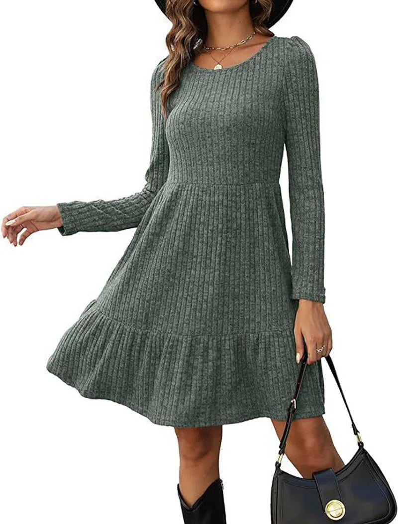 LVSANW Winter Trend Round Neck Long Sleeved A-Line Dress Women's Minimalist Mini Dresses Casual Robe Vestidos