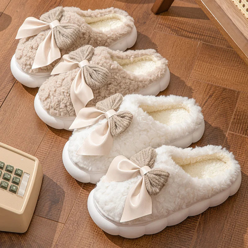 LVSANW Winter Warm Fur Slippers for Women Cute bow House Non Slip Soft Shoes Comfort Flat Heel Home Indoor Bedroom Plush Slippers