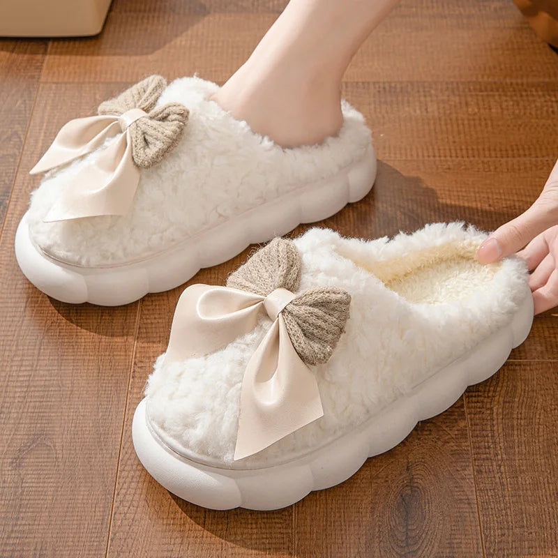 LVSANW Winter Warm Fur Slippers for Women Cute bow House Non Slip Soft Shoes Comfort Flat Heel Home Indoor Bedroom Plush Slippers