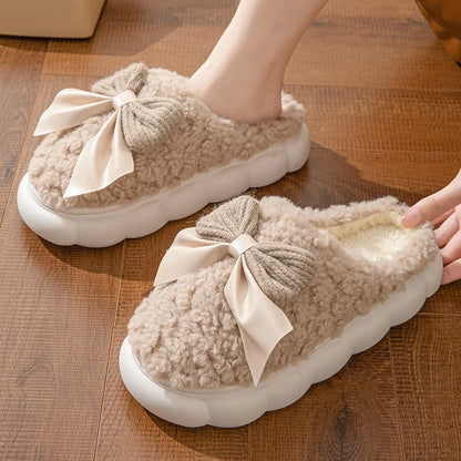 LVSANW Winter Warm Fur Slippers for Women Cute bow House Non Slip Soft Shoes Comfort Flat Heel Home Indoor Bedroom Plush Slippers