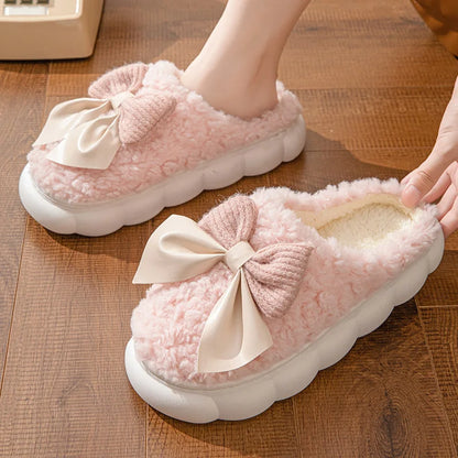 LVSANW Winter Warm Fur Slippers for Women Cute bow House Non Slip Soft Shoes Comfort Flat Heel Home Indoor Bedroom Plush Slippers