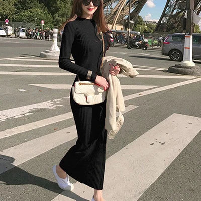 LVSANW Winter Warm Slim Pullovers Sweater Dress Fashion Knitting Cotton Dress Women Long Sleeve O-neck Sheath Ankle-Length Dress