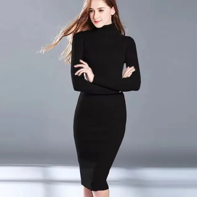 LVSANW Winter Warm Slim Pullovers Sweater Dress Fashion Knitting Cotton Dress Women Long Sleeve O-neck Sheath Ankle-Length Dress