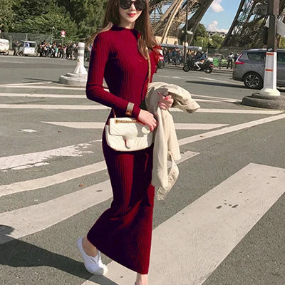 LVSANW Winter Warm Slim Pullovers Sweater Dress Fashion Knitting Cotton Dress Women Long Sleeve O-neck Sheath Ankle-Length Dress