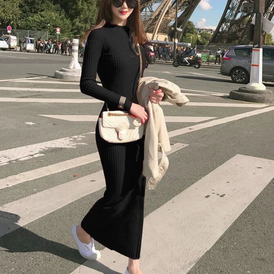 LVSANW Winter Warm Slim Pullovers Sweater Dress Fashion Knitting Cotton Dress Women Long Sleeve O-neck Sheath Ankle-Length Dress