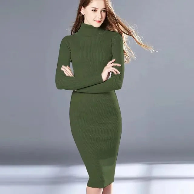 LVSANW Winter Warm Slim Pullovers Sweater Dress Fashion Knitting Cotton Dress Women Long Sleeve O-neck Sheath Ankle-Length Dress