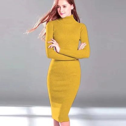 LVSANW Winter Warm Slim Pullovers Sweater Dress Fashion Knitting Cotton Dress Women Long Sleeve O-neck Sheath Ankle-Length Dress