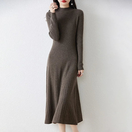 LVSANW Winter Warm  Women's Wool Knitted Dress Elegant A-line Dress Brown Long Sleeve Vintage Casual Dresses for Women Long Knit Dress