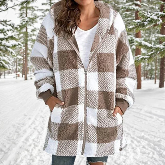 LVSANW Winter Warm Zipper Hooded Patchwork Woman Coats Long Sleeved Pockets Women's Plush Jacket 2024 Fashion Plaid Striped Jackets