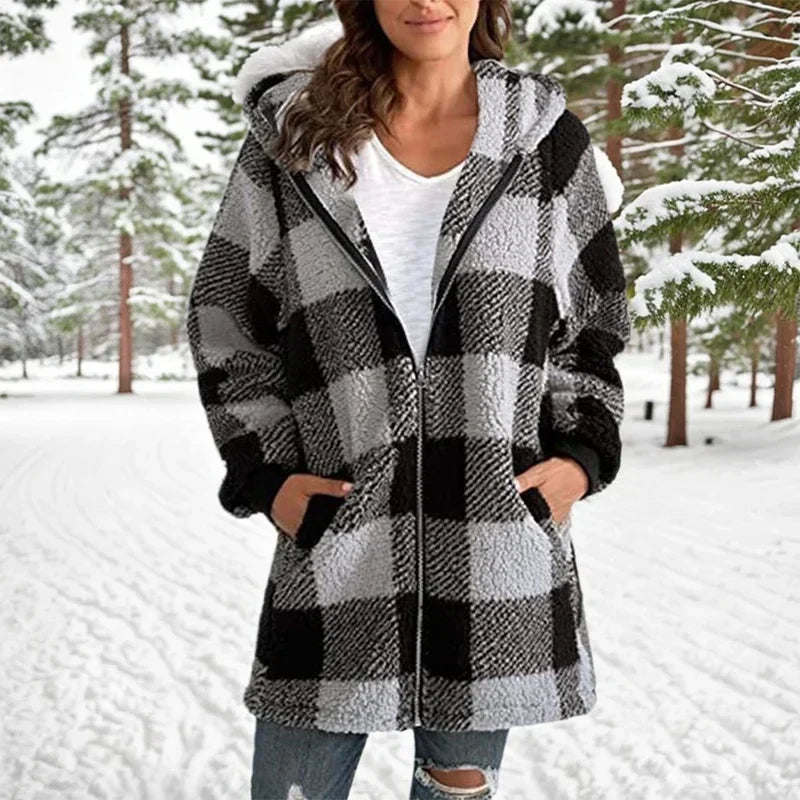 LVSANW Winter Warm Zipper Hooded Patchwork Woman Coats Long Sleeved Pockets Women's Plush Jacket 2024 Fashion Plaid Striped Jackets