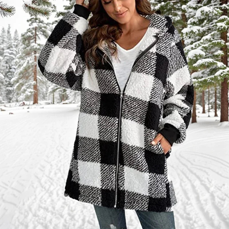 LVSANW Winter Warm Zipper Hooded Patchwork Woman Coats Long Sleeved Pockets Women's Plush Jacket 2024 Fashion Plaid Striped Jackets