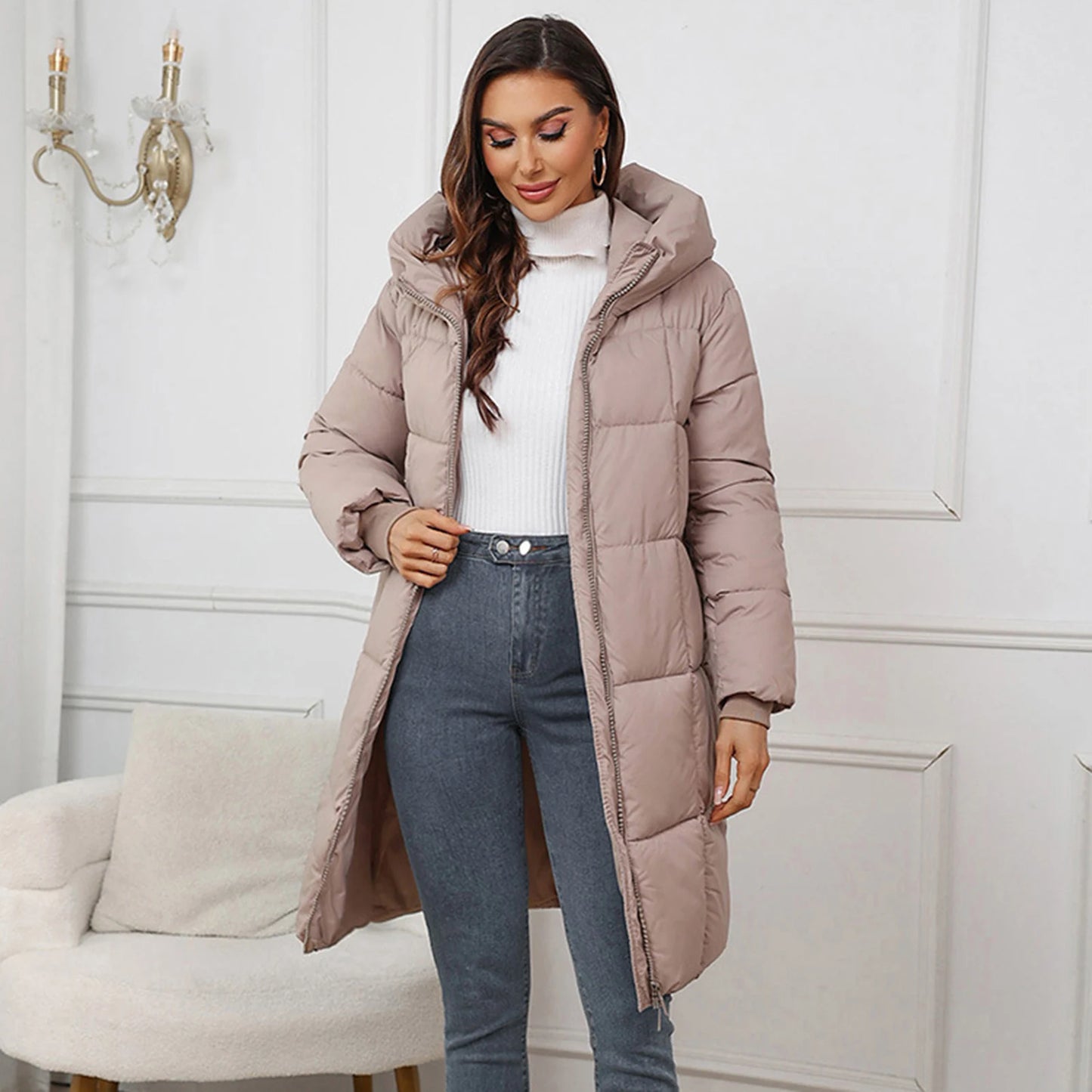 LVSANW Winter Women Coat Thickened Padded Faux Fur Long Sleeve Zipper Closure Cotton Lady Down Coat Slim Fit Mid Length Pockets Jacket