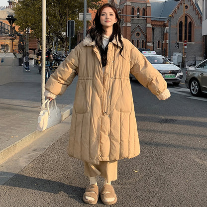 LVSANW Winter Women Coat Thickened Padded Faux Fur Long Sleeve Zipper Closure Cotton Lady Down Coat Slim Fit Mid Length Pockets Jacket