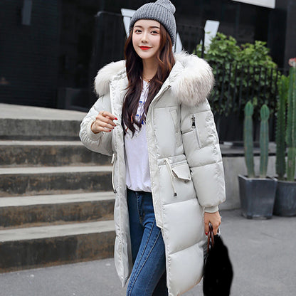 LVSANW Winter Women Coat Thickened Padded Faux Fur Long Sleeve Zipper Closure Cotton Lady Down Coat Slim Fit Mid Length Pockets Jacket