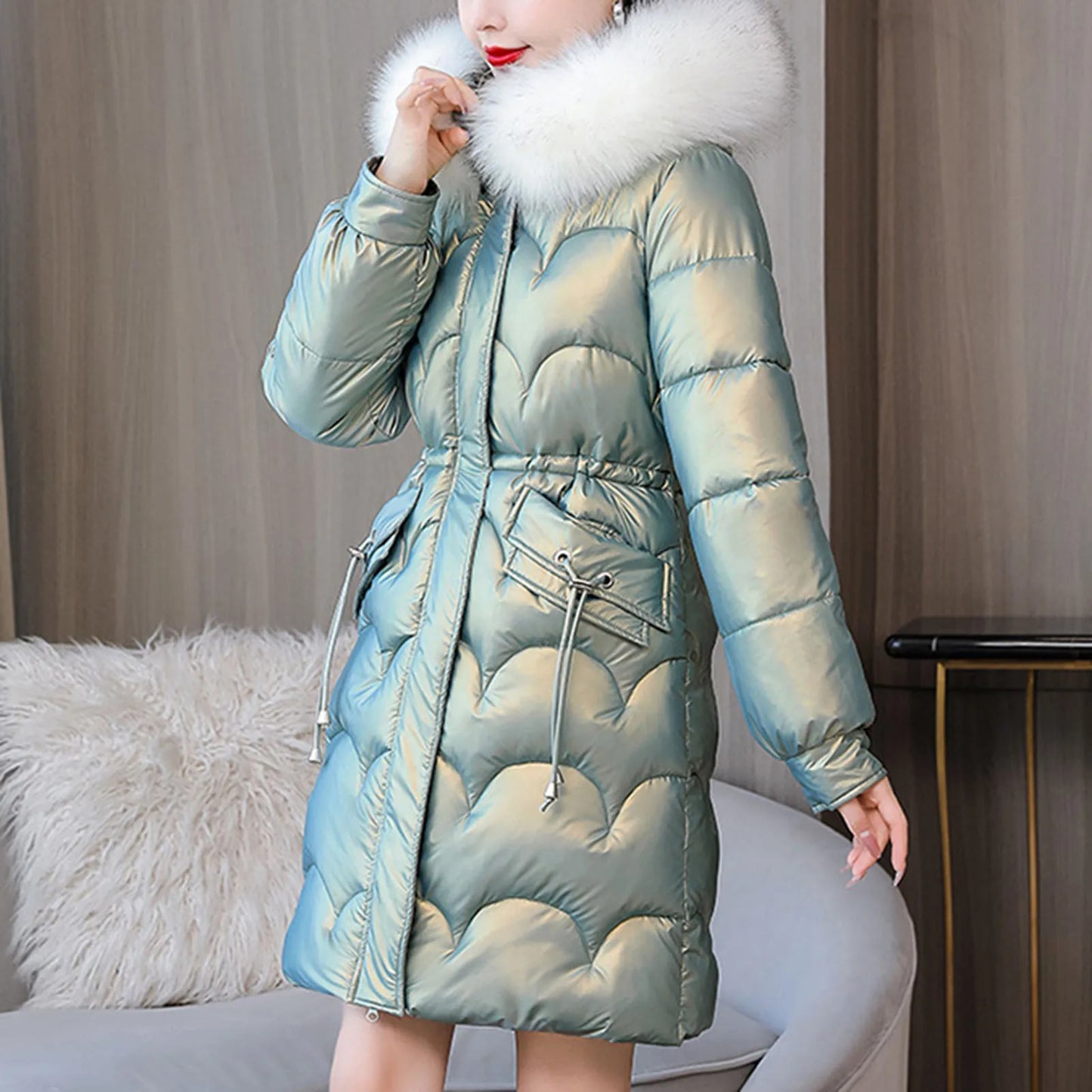 LVSANW Winter Women Coat Thickened Padded Faux Fur Long Sleeve Zipper Closure Cotton Lady Down Coat Slim Fit Mid Length Pockets Jacket