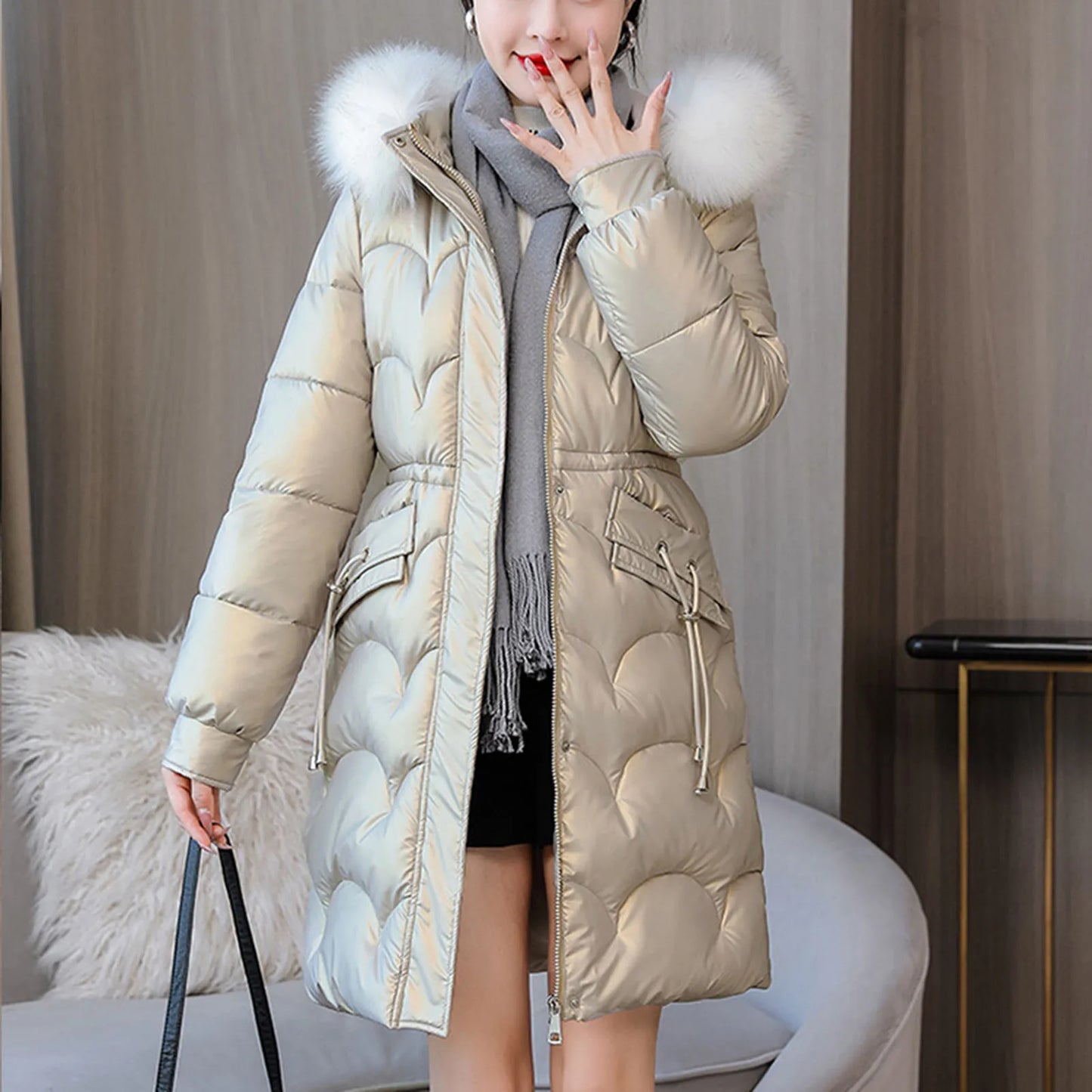 LVSANW Winter Women Coat Thickened Padded Faux Fur Long Sleeve Zipper Closure Cotton Lady Down Coat Slim Fit Mid Length Pockets Jacket