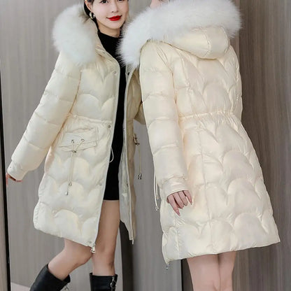 LVSANW Winter Women Coat Thickened Padded Faux Fur Long Sleeve Zipper Closure Cotton Lady Down Coat Slim Fit Mid Length Pockets Jacket