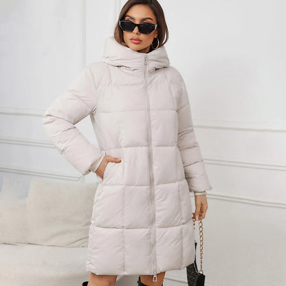 LVSANW Winter Women Coat Thickened Padded Faux Fur Long Sleeve Zipper Closure Cotton Lady Down Coat Slim Fit Mid Length Pockets Jacket