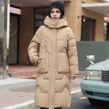 LVSANW Winter Women Coat Thickened Padded Faux Fur Long Sleeve Zipper Closure Cotton Lady Down Coat Slim Fit Mid Length Pockets Jacket