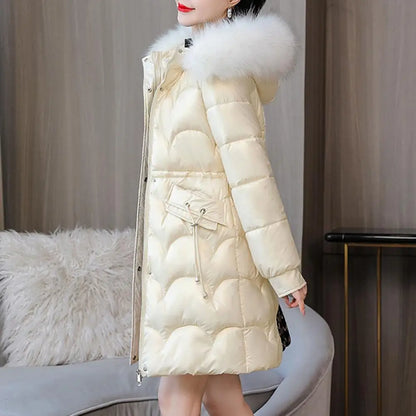 LVSANW Winter Women Coat Thickened Padded Faux Fur Long Sleeve Zipper Closure Cotton Lady Down Coat Slim Fit Mid Length Pockets Jacket